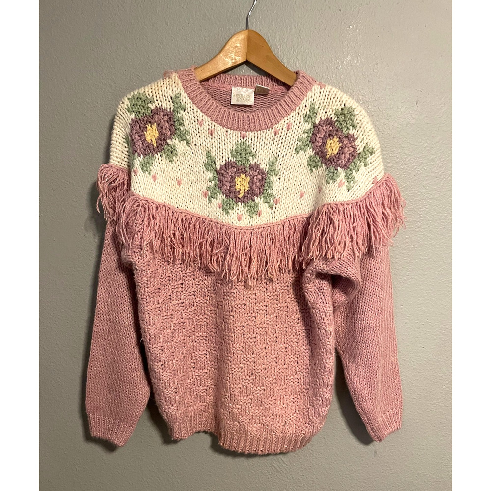 Vintage Needles & Yarn Sweater Womens Small Pink Floral Yoke Knit Grannycore 90s